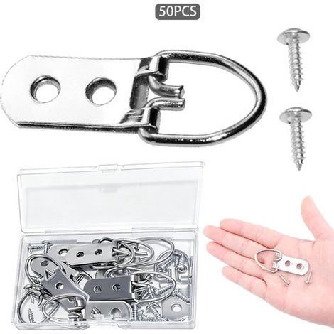 50 piezas, anilla en D, anillas en D, gancho de metal, gancho de anilla en D resistente con doble agujero, para marcos de fotos, con tornillo, se puede usar para colgar relojes, cuadros (1/5)