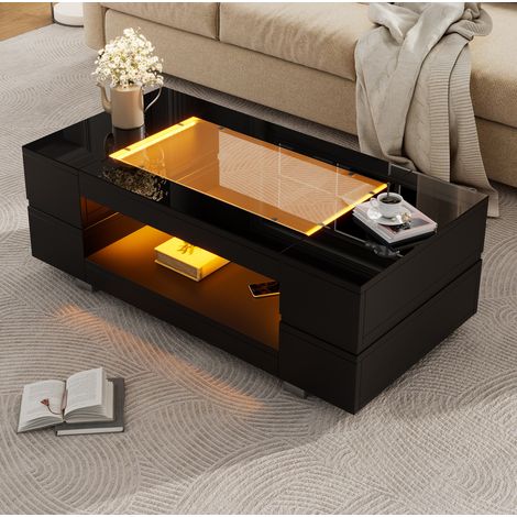 Table basse 100x50x35 cm noire avec LED par application mobile, double plateau, verre trempé MEUBLIV (1/5)