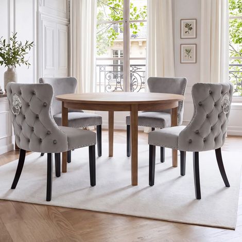 Wahson 4 PZ Sedie da Pranzo in Velluto, Sedie Cucina Eleganti con Gambe in Legno dettagli a Borchie per Cucina/Soggiorno, Grigio