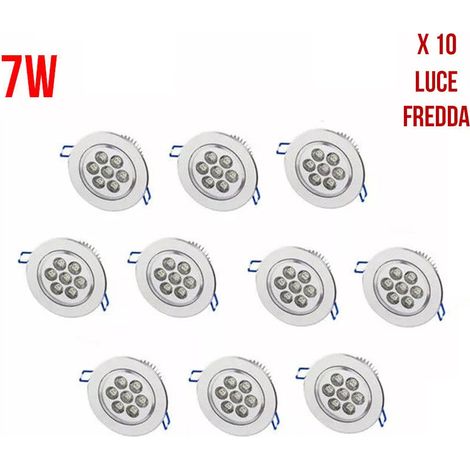 DISCORAMA 10x FARETTO LED ROTONDO 7W A MOLLA FARO AD INCASSO LUCE CALDA FREDDA GIALLA BIANCA CON ALETTE (Luce Fredda)