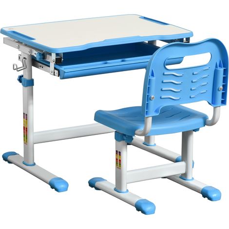 Banco Scuola con Sedia per Bambini con Cassetto e Piano Inclinabile Blu