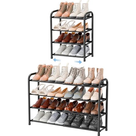 Porte-Chaussures Extensible 4 Étagères Réglables en Métal Noir (45 à 83 cm) - Rangement Chaussures Économique pour Entrée, Couloir ou Placard - Étagère Chaussures Gain de Place