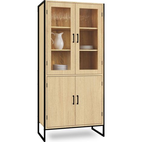 Idmarket – Buffet haut 176 cm – Vitrine 4 portes bi-matière bois et métal – Design industriel – Rangement optimal pour vaisselle et objets déco (1/5)