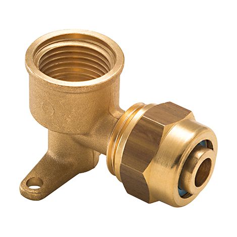 Raccordo a compressione a gomito per tubo NOYON & THIEBAULT PER - Ø 16 mm femmina a vite F1/2' (15x21) 2 fori per montaggio a parete - P16-81915L1