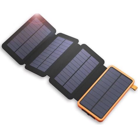 Crea – Chargeur solaire 20000mAh – 4 panneaux solaires – Charge rapide 2 ports USB 2,1A – Résistant à l'eau et aux chocs – Lampe torche LED