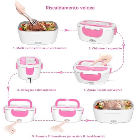 Lunch box elettrico riscaldato (1,5 l/55 W), lunch box portatile isolato per pasti caldi, lunch box caldo puro per ufficio e auto, rosa (1/4)
