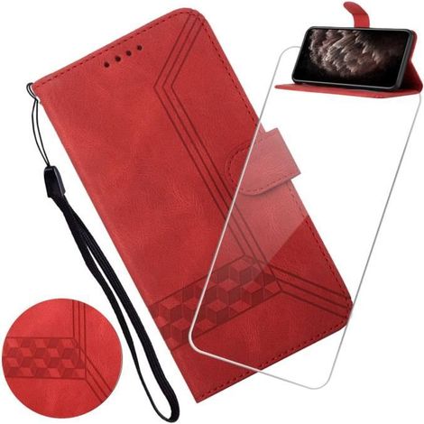 Coque Pour Samsung Galaxy A12-M12-F12 6.5\" Etui rouge Housse Téléphone Style dépoli rétro Cuir étui à rabat Magnétique +Verre