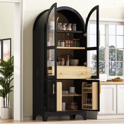 Aparador alto con estantes y cajón ajustables, mueble de cocina con cristal estriado y gran capacidad de almacenamiento, ideal para comedor, salón y cocina (negro). (1/5)