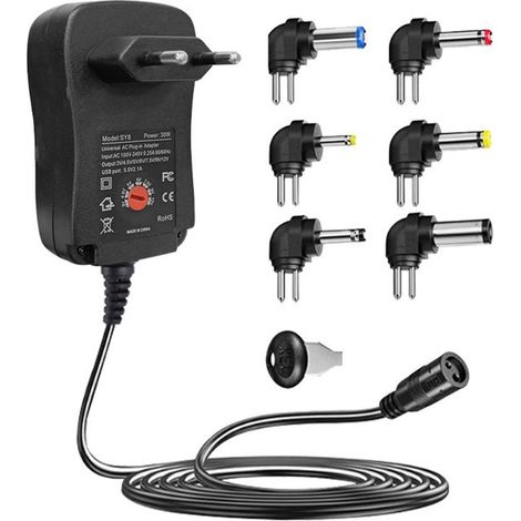 Adaptateur secteur universel réglable 30 W avec port USB, 3 V à 12 V, 6 embouts inclus (1/2)