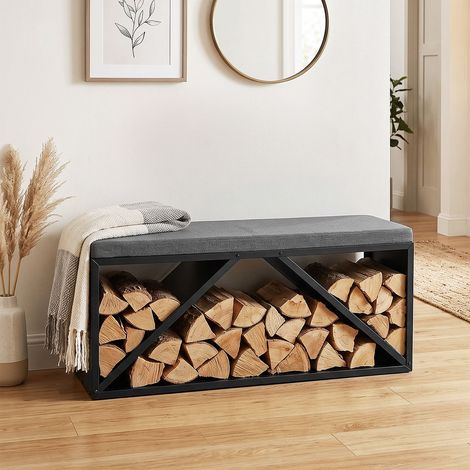 TolleTour Range-bûches avec banc rembourré, porte-bûches en métal noir pour intérieur, coussin gris, 102 × 35 × 40 cm (1/5)
