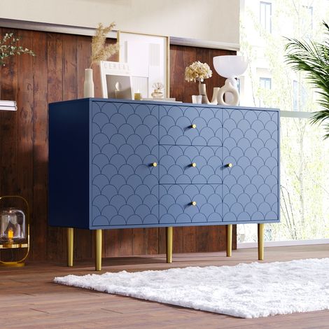 Kommode Sideboard Marineblau 120 cm breit, Anrichte mit 3 Schubladen und 2 Türen, Wohnzimmerschrank mit verstellbarer Ablage, Fischschuppenmuster (1/5)