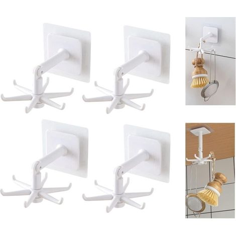 Ganchos giratorios, ganchos para utensilios de cocina sin necesidad de taladrar, soporte para utensilios de cocina con 6 ganchos, accesorios para utensilios de cocina, juego de 4 (blanco)