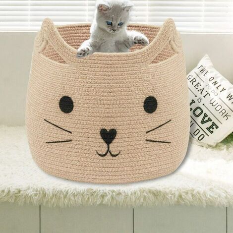 Paniers d'animaux Grand panier de rangement en corde de coton tissé avec motif de chat mignon Organisateur de panier à linge pour serviettes, couvertures, jouets, vêtements, cadeaux - Paniers cadeaux- (1/5)