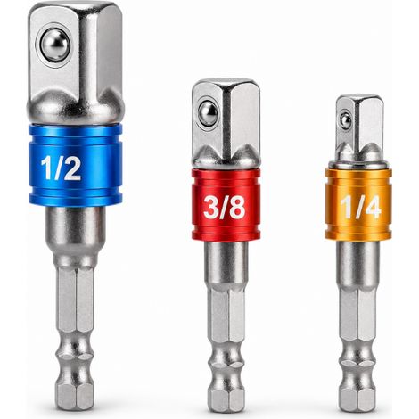 Set 3 Adattatori Per Bussola Trapano Avvitatore 1/4" 3/8" 1/2" Acciaio CRV 31488