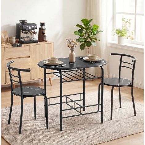 Juego de mesa y sillas de cocina de 3 piezas (80x52x76 cm), con estante, diseño efecto mármol negro, MDF negro (1/5)