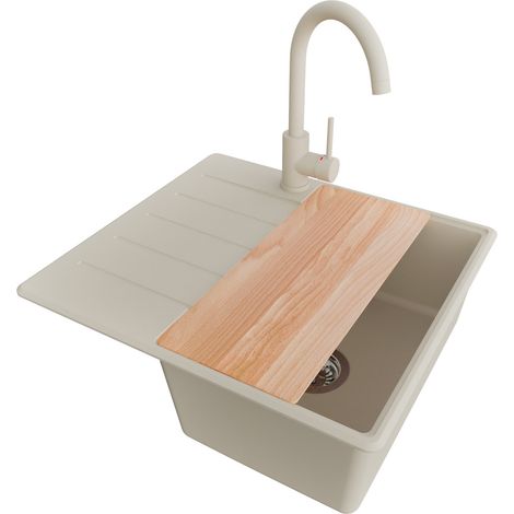 PRIMAGRAN Evier Cuisine en Granit 55x50cm, Lavabo 1 bac + Robinet 32x20cm + Kit de Vidage + Accessoire, Évier à Encastrer au meuble 40cm - Copenhague, Beige (1/5)