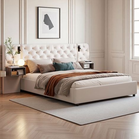 Cama lit 160x200 de terciopelo beige con somier, LED, puertos USB/Type-C, almacenamiento hidráulico (1/5)
