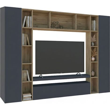 Dmora - Parete attrezzata Austis, Set salotto porta TV a 3 ante, Mobile soggiorno multiuso, 100% Made in Italy, cm 270x35h210, Antracite e Rovere
