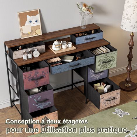 JOOKGBD- Coiffeuse vintage 121x40x91 cm, Commode de rangement avec 9 tiroirs et 2 étagères ouvertes, Table de maquillage sans miroir, pour chambre, Bois, Métal,Noir