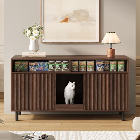 Mueble para arenero de gato 120 x 50 x 66 cm con alfombra antisedimentos, nogal HAVRYA (1/5)