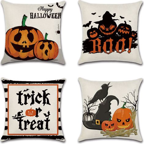 Set mit 4 Halloween-Kissenbezügen mit lustigem Kürbiskopf und Cartoon-Anime-Hausdesign (45x45 cm) (1/4)