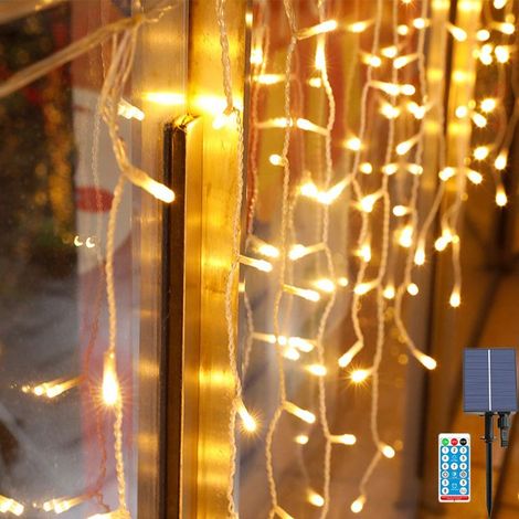 Guirlande Lumineuse Exterieur, 3m Rideau Lumineux Noel 128LED, 8 Modes,Guirlande lumineuse LED solaire en cascade,Blanc chaud (1/5)