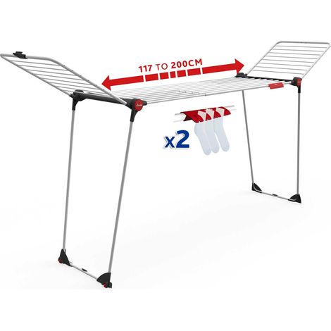 Vileda Infinity Flex Plus, stendibiancheria di grandi dimensioni, griglia telescopica estensibile fino a 2 mt, ali alte, 30 mt stenditura, due supporti per piccoli capi