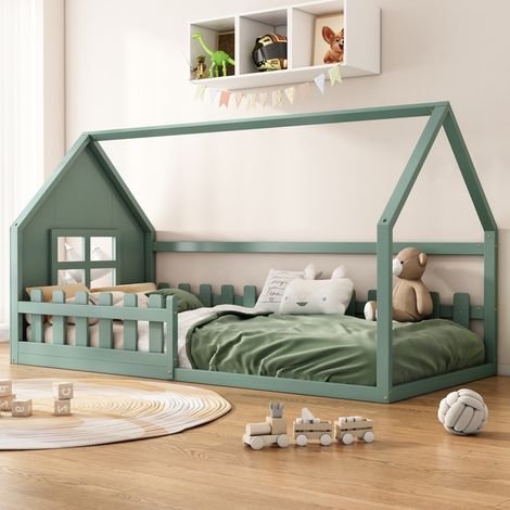 Lit Enfant 90x200 cm vert - Lit Plat Sécurisé avec Barrière de Protection - Structure Renforcée - Literie Junior(sans Matelas) (1/5)