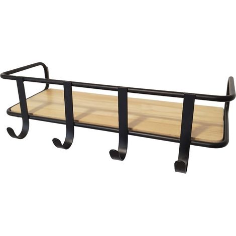 Porte-manteaux mural étagère métal noir effet bois 41,5 x 20 x 11 cm (1/5)