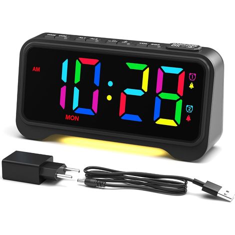 Réveil Numérique avec Affichage Numérique LED 10 Couleurs, Luminosité Réglable, Double Reveil Matin avec Mode Jour Ouvrable/Week-end, Fonction Snooze, 12/24H (1/5)