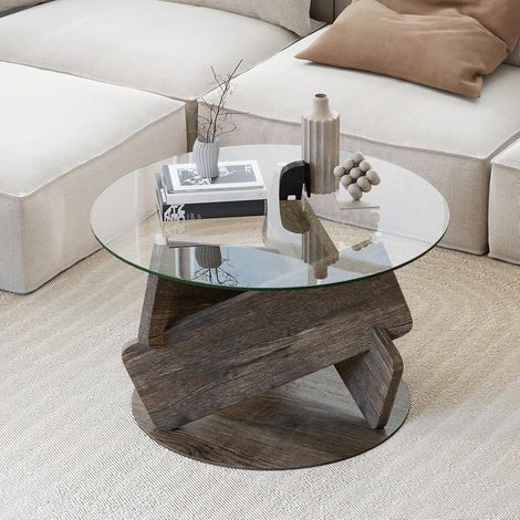 GOPLUS Table Basse Ronde en Verre Trempé, φ81 CM Table Basse Salon avec Plateau Spacieux et Pieds en Bois d’Hévéa pour Bureau, Chambre, Capacité 100 kg, Gris (Gris,81x49CM) (1/5)