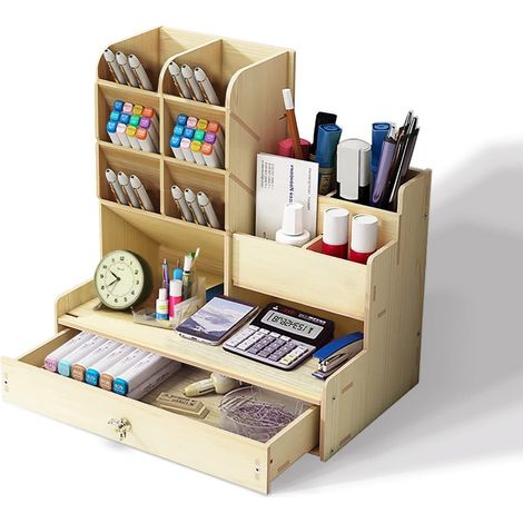 Holdfiturn Wooden Desktop Organizer Large Capacity Office Storage Box Multi Functional Stationery Storage with Drawer for Home Office and School (White Maple) (1/5)