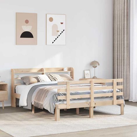 Cadre de Lit en Bois de Pin 135x190 cm avec Tête de Lit et Étagères de Rangement - Lit Simple sans Matelas (1/4)