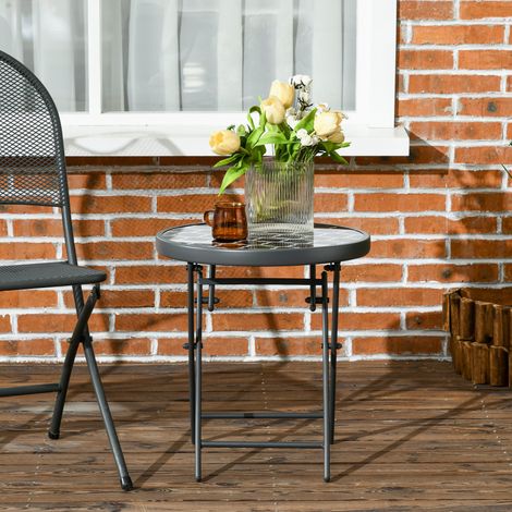 Klappbarer Couchtisch/Beistelltisch mit Tischplatte aus gehärtetem Glas, schwarz-weißem Metalldekor, Ø 45 x 50 cm, schwarz