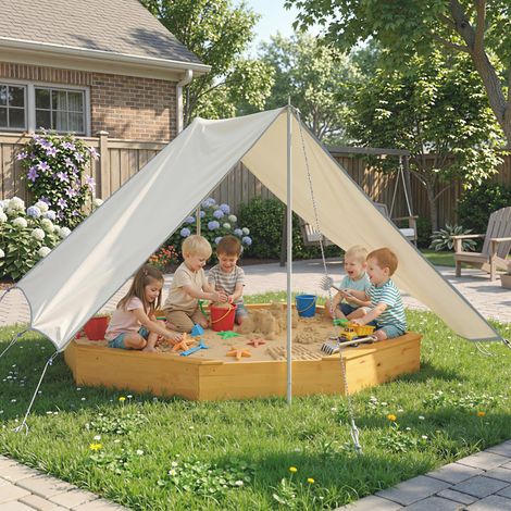 Arenero de madera con toldo, arenero infantil exterior con 4 bancos, revestimiento inferior, amarillo