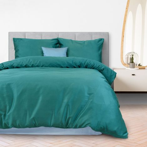 Linge de lit en coton 140x200 cm, tissage satin naturel, turquoise foncé lisse (1/4)
