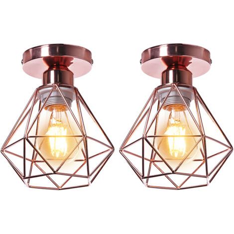 royaluxe- 2PCS Plafonnier Rétro Or Rose Lampe De Plafond E27 Cage En Métal Luminaire Plafonnier Vintage D'Intérieur (1/5)