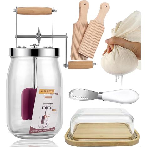 1.5L Butter Churn Kit,  Vintage Manual Butter Churn with Wooden Handle,  Stainless Steel Gear System Butter Maker,  Hand Crank Butter Churn Mason Jar for Cooking Gadgets Top (1/5)