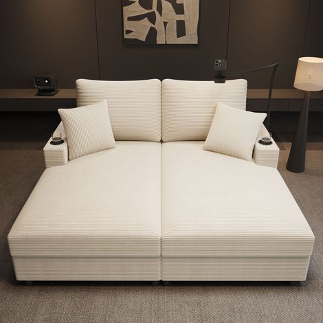 Canapé-lit 140x163x82 cm avec fonction sieste, porte-téléphone, ports USB, porte-gobelets intégrés, pour salon salon home-cinéma, velours, beige (1/5)
