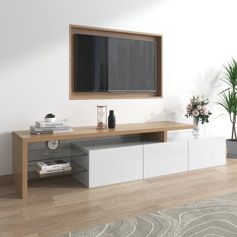 Meuble TV blanc brillant effet bois étagères verre éclairage LED rangement (1/5)