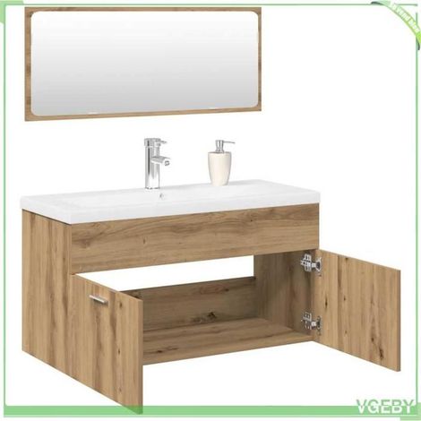 Ensemble de meubles salle de bain - Modèle 3328912 - Chêne artisanal - 90x38,5x46 cm - Vasque céramique & miroir (1/5)