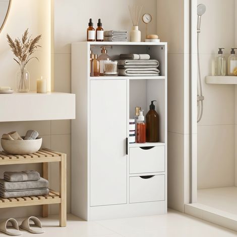 Meuble de salle de bain avec 2 tiroirs, compartiment ouvert et étagères réglables pour petits espaces, 50 x 25 x 100 cm, blanc (1/5)
