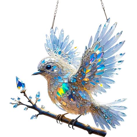 Atrapasol de pájaro acrílico 2D, 15 x 15 cm, adorno colgante, cristal azul iridiscente (1/4)