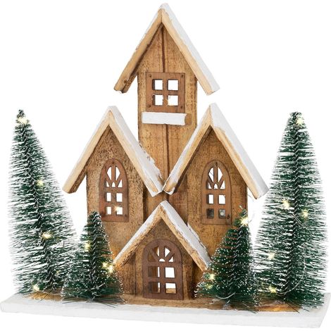 ECD Germany Maison de Noël en Bois avec Éclairage LED, Blanc Chaud, 32x9x30 cm, Fonctionne sur Piles, Minuterie Intégrée, Maison d'Hiver en Bois Décorative 4 Sapins, Décoration de Noël Intérieure (1/5)