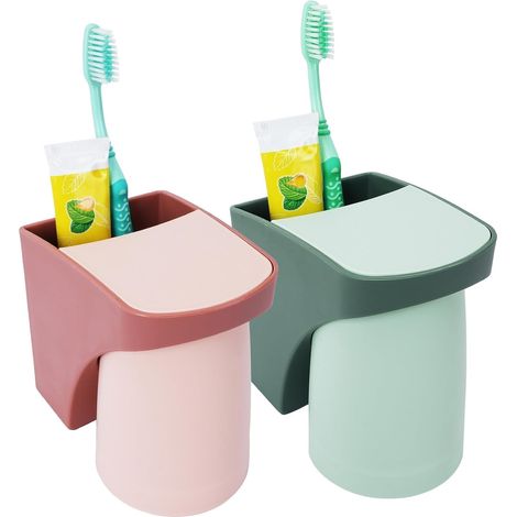 Lot de 2 porte-brosses muraux avec gobelets magnétiques (rose + vert), adhésifs, pour salle de bain (1/5)