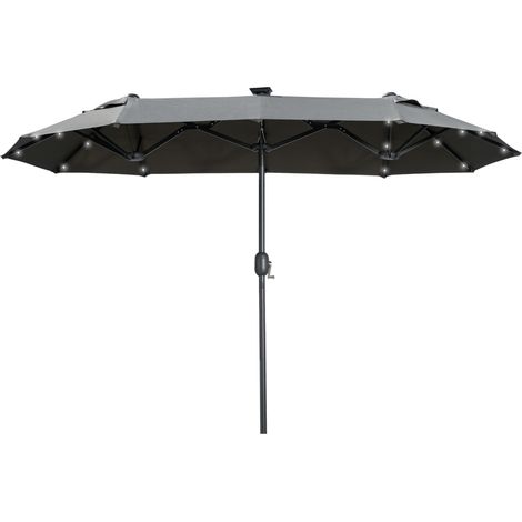 Doppelschirm, Terrassenschirm, neigbar, mit Solarpaneel, 35 LEDs, Stahlrahmen, grau, 2,92 x 1,50 x 2,18 m