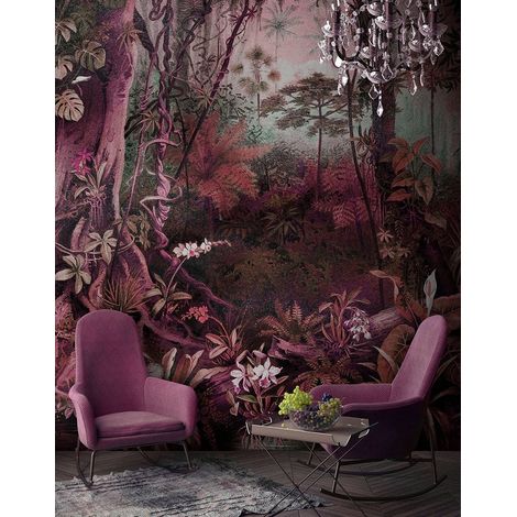 Papier peint panoramique jungle rose & violet | Tapisserie panoramique forêt & fleurs effet peinture | Papier peint panoramique idéal salle à manger - 270 x 400 cm (4 pièces) (1/5)