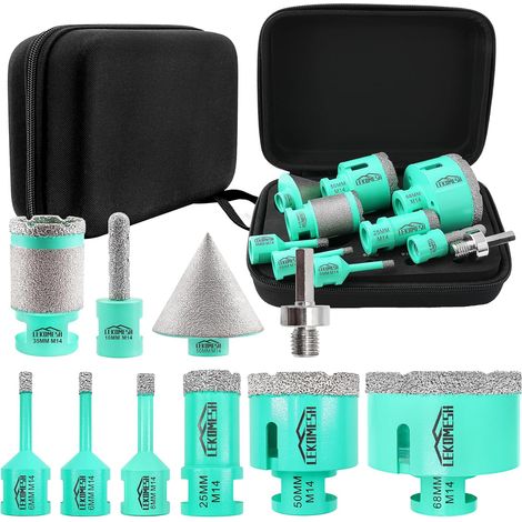 Foret Diamant Carrelage Kit - 10pcs (6/6/8/25/50/68mm+10mm Fraise Diamant+ 35mm Forage Trépan+50mm Mèches Chanfrein+Adaptateur) Trepan Carrelage pour Céramique Porcelaine M14 Filetage (1/5)