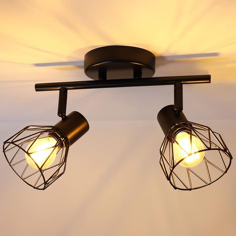 Noir,Plafonnier Industriel 2 Spots LED Orientable E14, Plafonnier 40W Rampe Spot Applique, Cuisine Chambre Salon (1/5)
