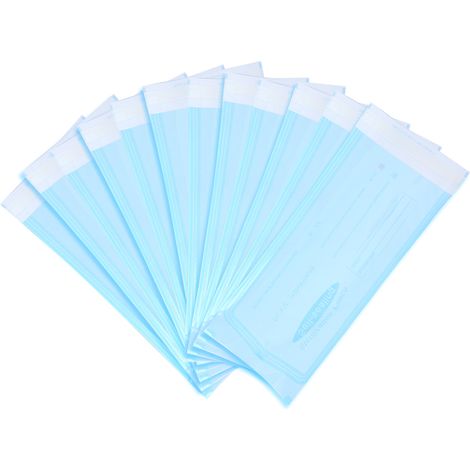 200 sachets auto-scellants pour fournitures dentaires, pochettes en PVC transparent bleu pour stérilisation (135 x 310 mm) (1/5)